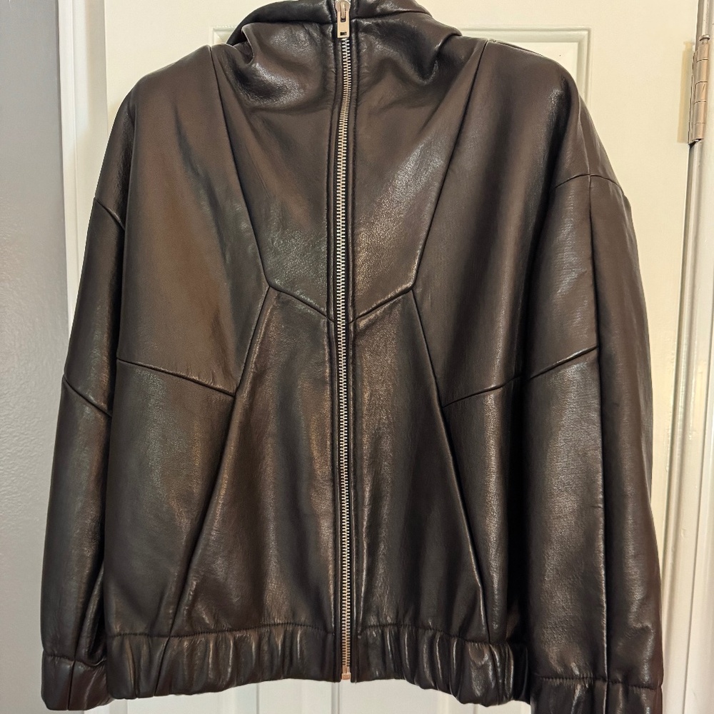 IRO Paris Leather Bomber Jacket with Hood